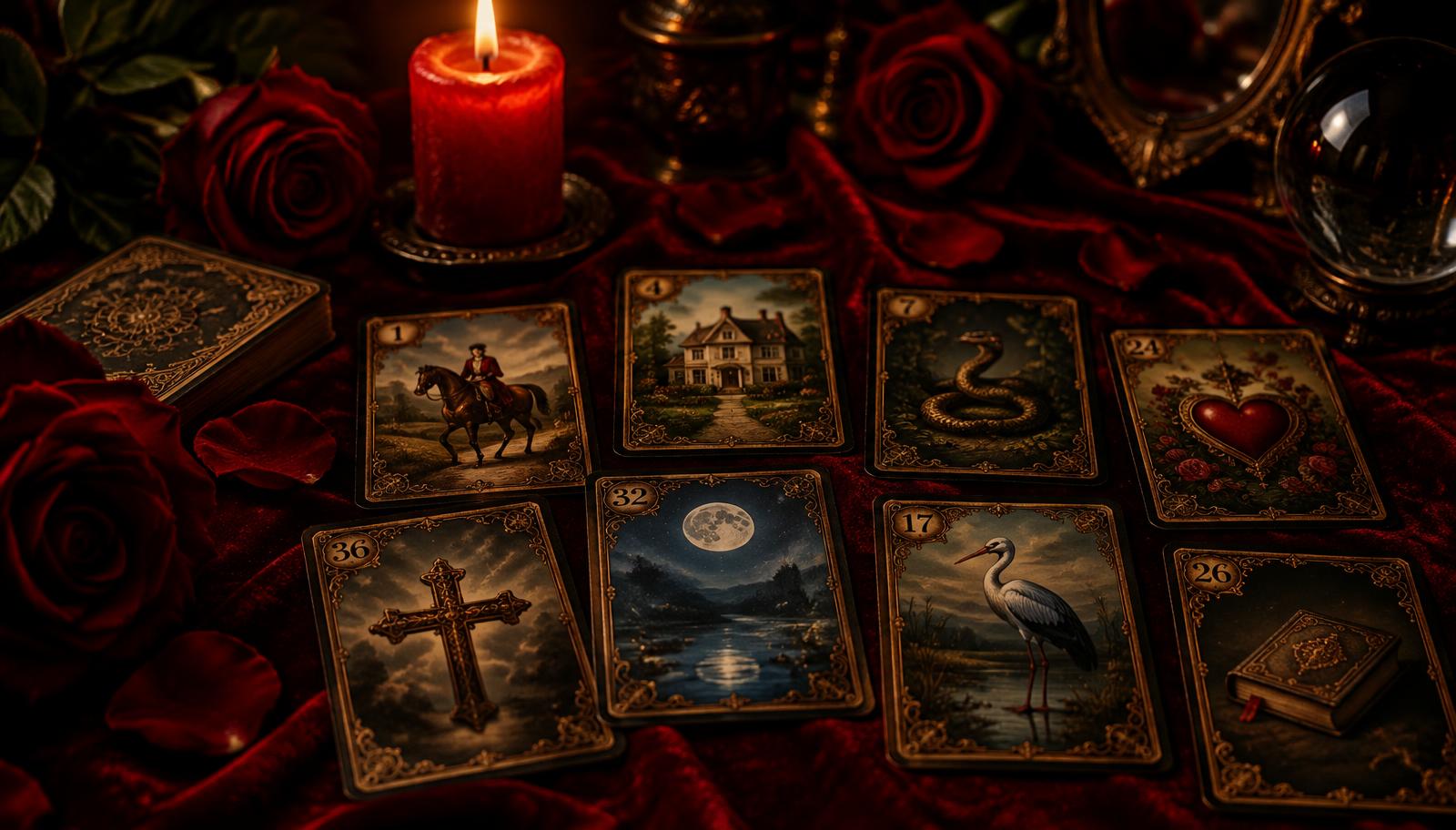 Cartas do Baralho Cigano sobre veludo vermelho